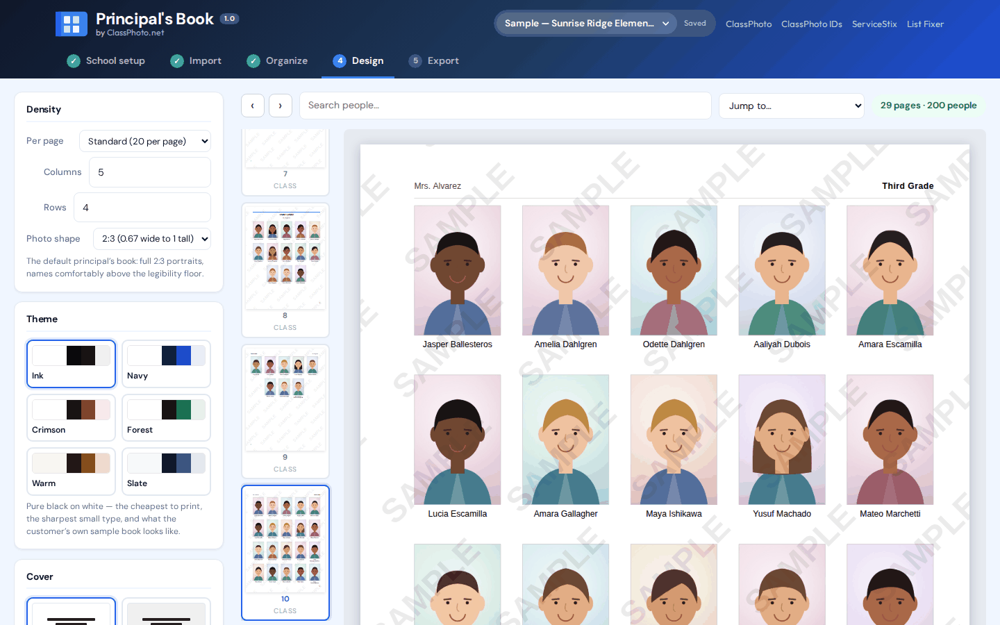 A class page in the Principal's Book: 20 portraits, captions, running heads. The SAMPLE watermark is the trial mode.