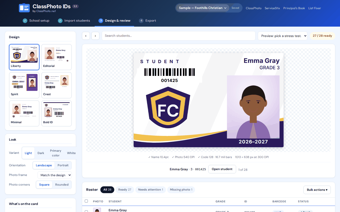 Design and review in ClassPhoto IDs: six card families, and a Liberty card carrying a real Code 128 barcode.