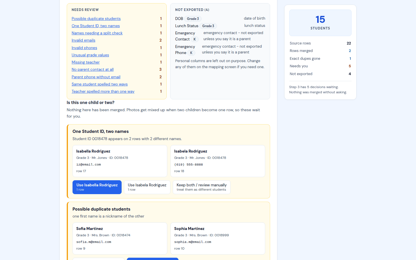The Fix and review step in List Fixer: a dashboard of what was fixed automatically, and a side-by-side card asking whether two rows are the same child.